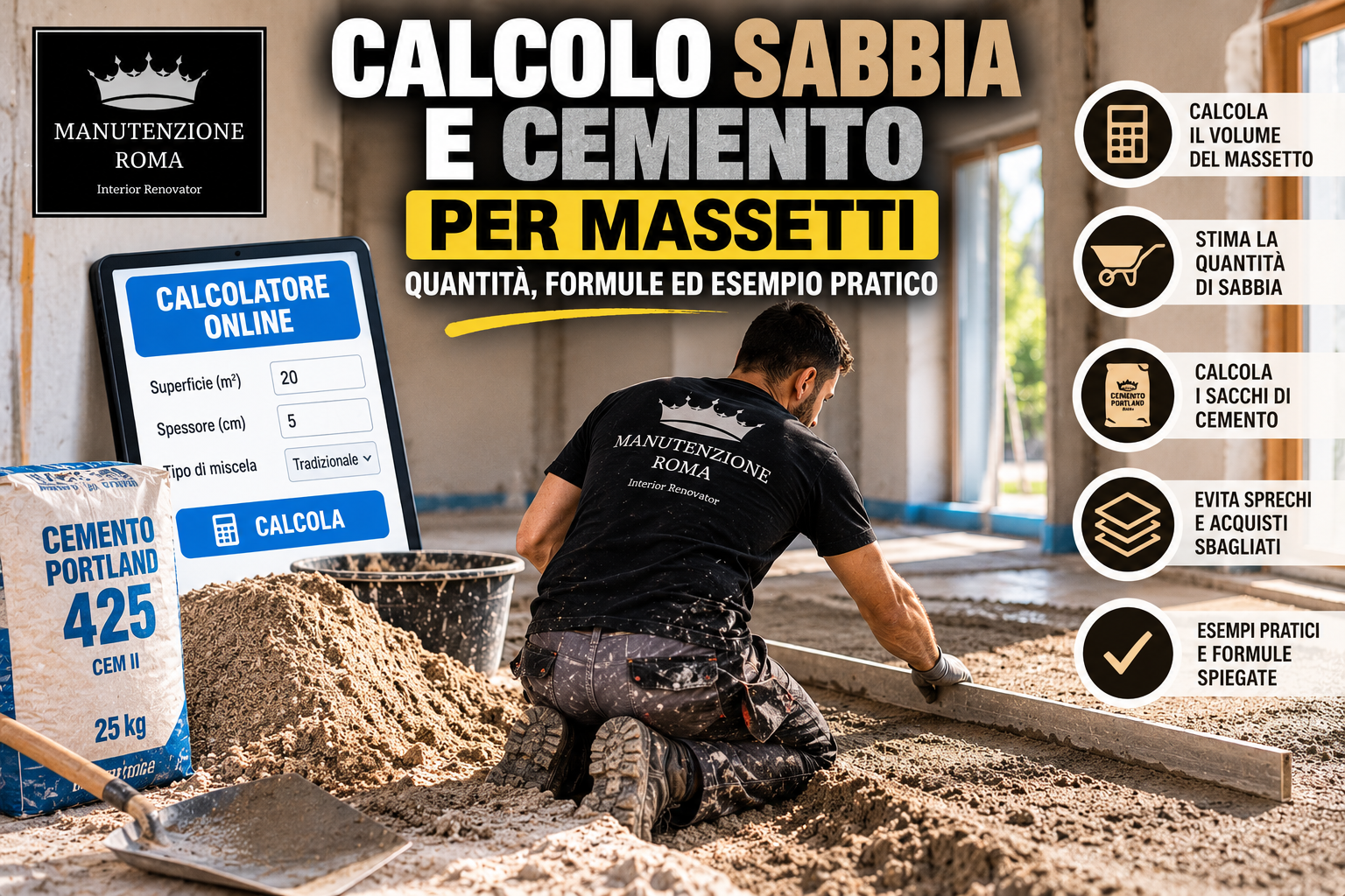 Calcolo sabbia e cemento per massetti: quantità, formule ed esempio pratico