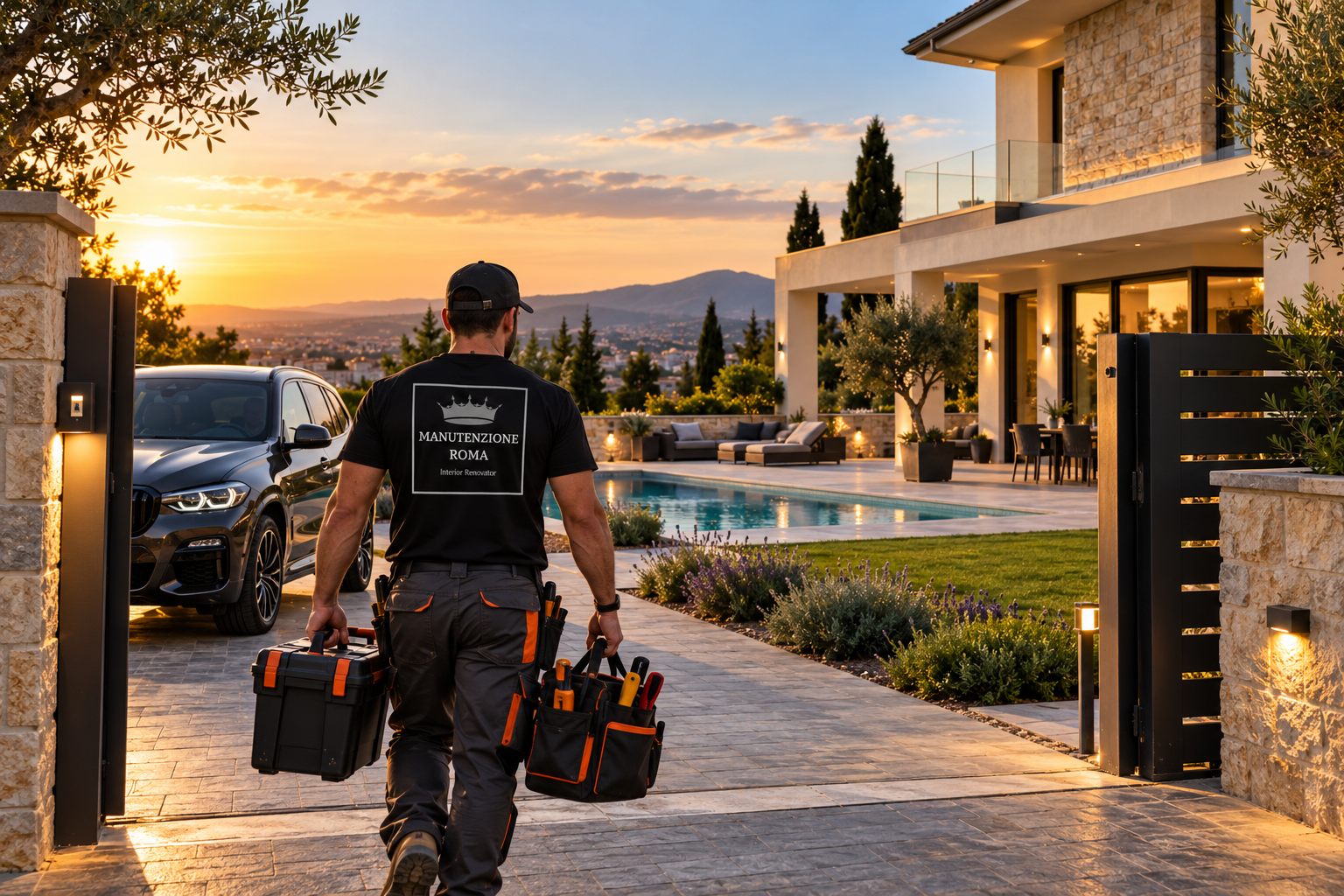 Tecnico Manutenzione Roma al tramonto davanti a una villa ristrutturata